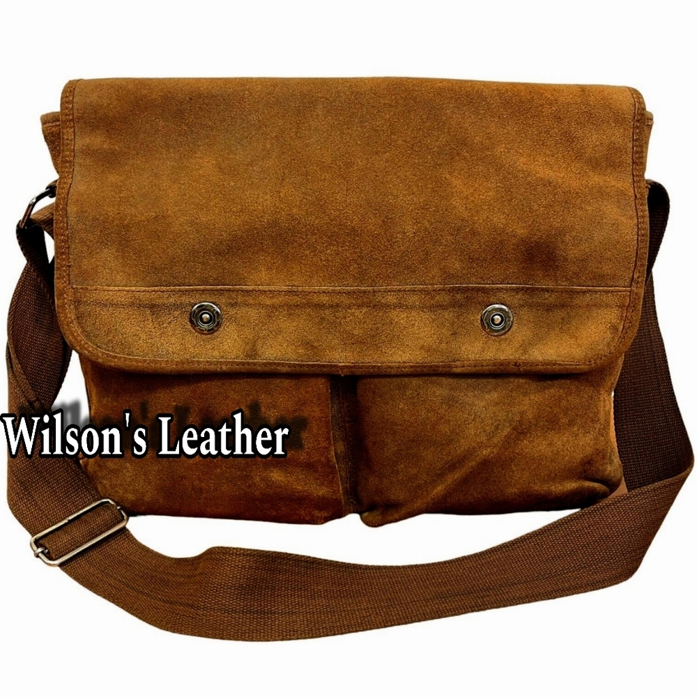 Wilsons Leather M. Julian Brown Suede Leather Messenger Laptop Briefcase Bookbag